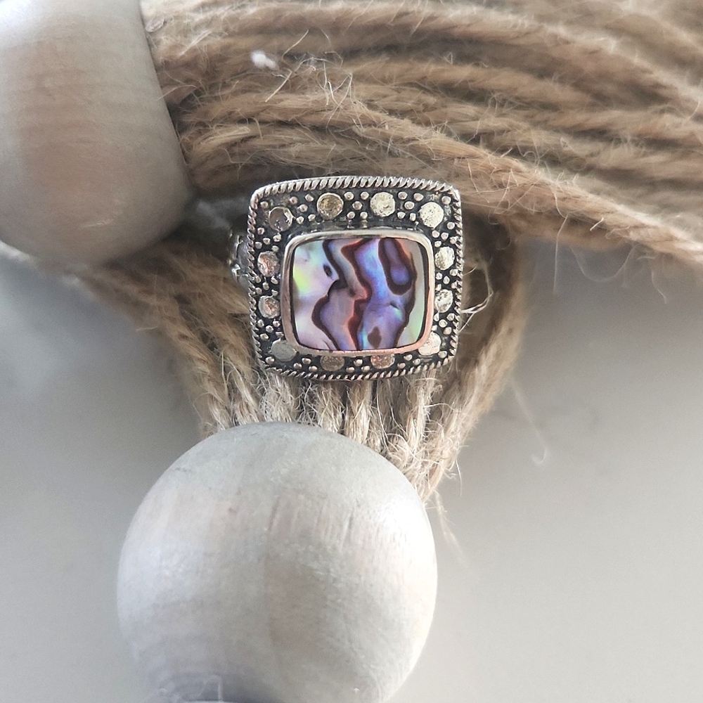 NEW Genuine Sterling Silver & Abalone Bali Collection Square Ring